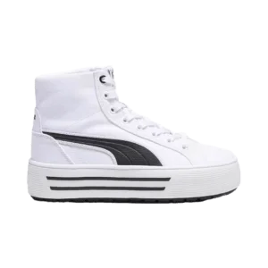 La chaussure blanche ressort sur le fond noir.