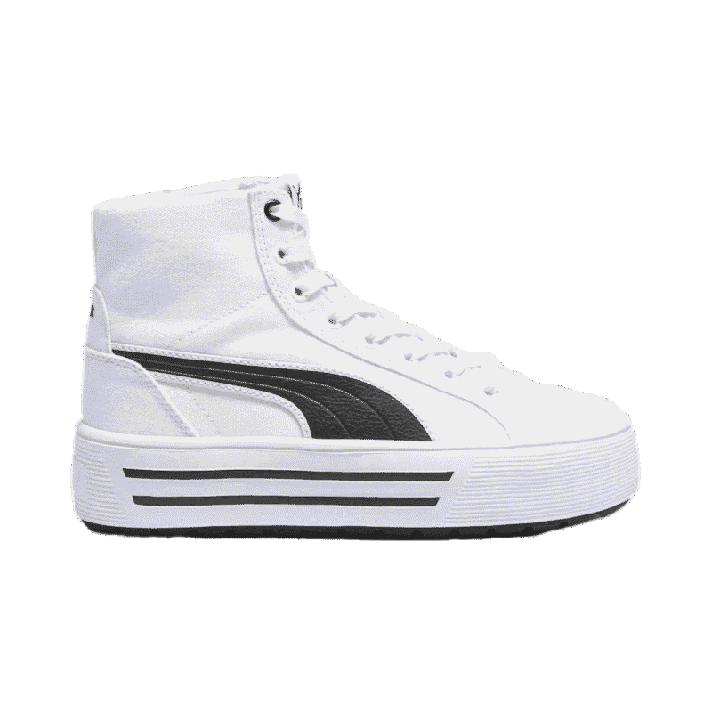 La chaussure blanche ressort sur le fond noir.
