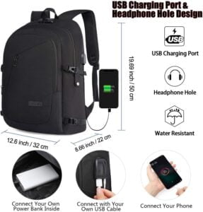 WENIG antivol sac à dos ordinateur portable 17 pouces  imperméable avec usb charging port, fonctionnel, pour loisirs/affaire/scolaire noir  Unisex – Image 7